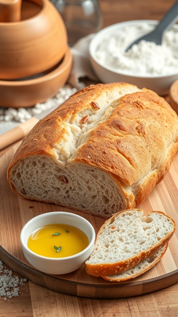 Freshly baked whole wheat bread loaf on a cutting board with a slice cut, served with olive oil.